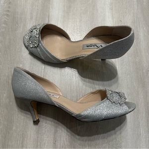 Nina Silver Glitter Open Toe Rhinestone Heels Sz 8.5M